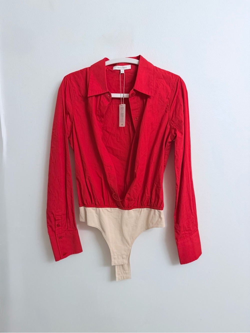 NWT Favorite Daughter Red Long-Sleeve Collared Bodysuit with Cream Panel